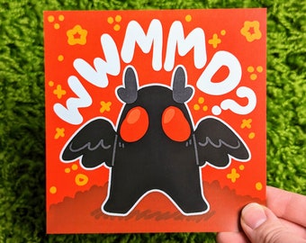 May include: A red background with a black creature with red eyes and wings. The creature is standing on a brown surface. The text "WMMD?" is written in white on the red background.
