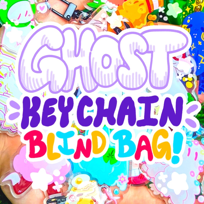 Puede incluir: Un surtido colorido de llaveros en una bolsa ciega. Los llaveros presentan varios personajes de dibujos animados y dise&ntilde;os, incluidos fantasmas, nubes y un huevo frito. La bolsa est&aacute; etiquetada como "Ghost Keychain Blind Bag!"