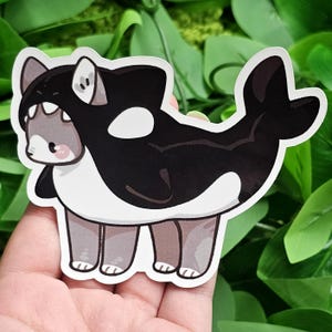 Puede incluir: Un gato gris y blanco con un disfraz de orca negro y blanco. El gato est&aacute; de pie sobre sus cuatro patas y tiene una expresi&oacute;n linda en su rostro.