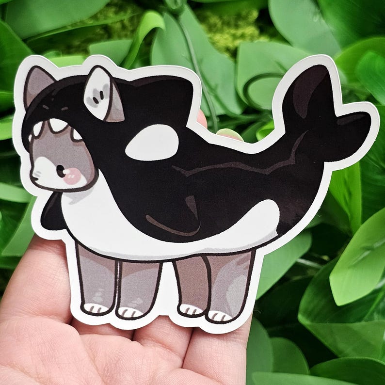 Puede incluir: Un gato gris y blanco con un disfraz de orca negro y blanco. El gato est&aacute; de pie sobre sus cuatro patas y tiene una expresi&oacute;n linda en su rostro.