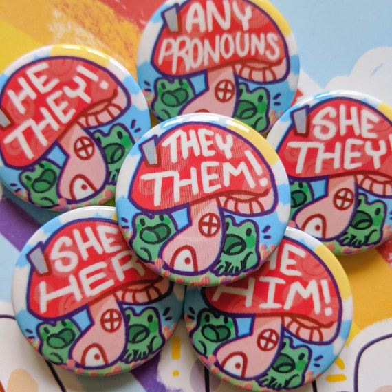 Pronoun Frog Mushroom House Buttons! 1.5"