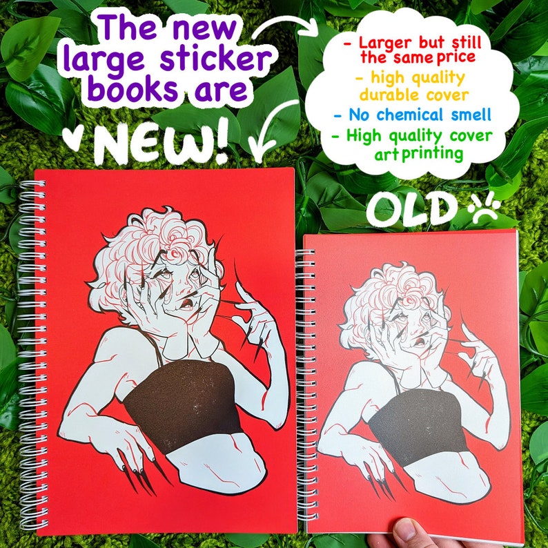 May include: Two red sticker books, one larger than the other, with a spiral binding. The covers feature a stylized illustration of a person. Text on the image reads "The new large sticker books are NEW!" and "Larger but still the same price".
