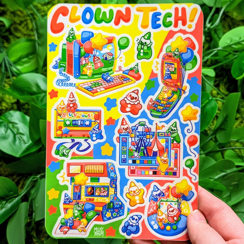 May include: A sticker sheet with a colorful design featuring a variety of cartoon characters and objects. The sheet includes a computer, a cassette player, a phone, a Ferris wheel, and a variety of other objects. The text "Clown Tech!" is printed at the top of the sheet.