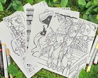 May include: A collection of black and white line art coloring pages featuring whimsical illustrations. The pages depict various scenes, including a library, a celestial design, and characters on a bridge. Markers in various colors are visible on the left and right sides of the image.
