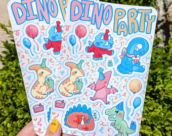 May include: Two sheets of stickers featuring colorful cartoon dinosaurs with party hats and confetti. The stickers say "Dino Party" in a fun, colorful font.