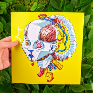 May include: A colorful illustration of a robot head with exposed brain and tubes. The robot has a white face with red and blue eyes and a pink brain. The tubes are red, blue, and yellow. The background is yellow.