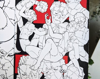 May include: A black and white illustration featuring multiple figures with stitched seams, arranged in a complex composition. The artwork has a red square background and a surreal, anatomical theme.