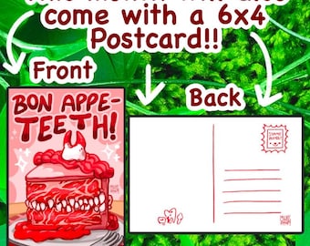 May include: A postcard featuring a red and white illustration of a cake with teeth and the text "BON APPE-TEETH!". The back has lines for writing and a stamp graphic. The postcard measures approximately 15x10 cm.