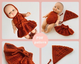 Set van 3 PATRONEN (Mini Colettos, Paola Reina Gordi, Minikane) om het rompertje, de rok en de hoofddoek te breien