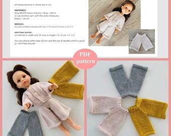 Paola Reina Las Amigas, CONJUNTO DE 2 PADRÕES, para tricotar para boneca (32 cm/12,5 pol.), Jaqueta (Suéter) e Calça Flare (Cullote)