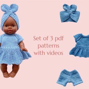 Set of 3 pdf PATTERNS (Mini Colettos, Paola Reina Gordi, Minikane) to knit the dress, the shorts and the headband