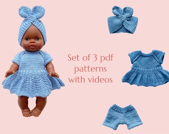 Set van 3 pdf-PATRONEN (Mini Colettos, Paola Reina Gordi, Minikane) om de jurk, de korte broek en de hoofdband te breien