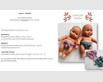 PATROON, Paola Reina, Miniland (21cm, 8 inch) poppen, om SLIPJES (BLOEMERS) te breien.