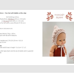 May include: A pink knitted doll hat with a ruffled edge and a pom-pom detail. The hat is shown on a doll wearing a brown dress. The pattern is called "Pbie-hat with bubbles at the edge" and is for dolls with a head size of 27-35 cm. The pattern is by Mag Knit Design.