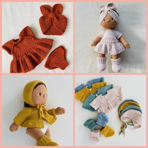 DINKUM doll, Set of 6 knitting PATTERNS: wave jacket, panties, socks, head band, dress, bonnet.