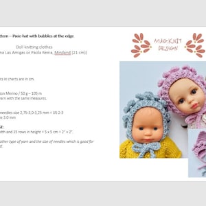 以下が含まれることがあります： 泡模様のクロシェハットをかぶった人形が2体。ハットはピンクとブルーです。ページのテキストには「パターン - ピクシーハット with bubbles at the edge」と「マグニットデザイン」とあります。