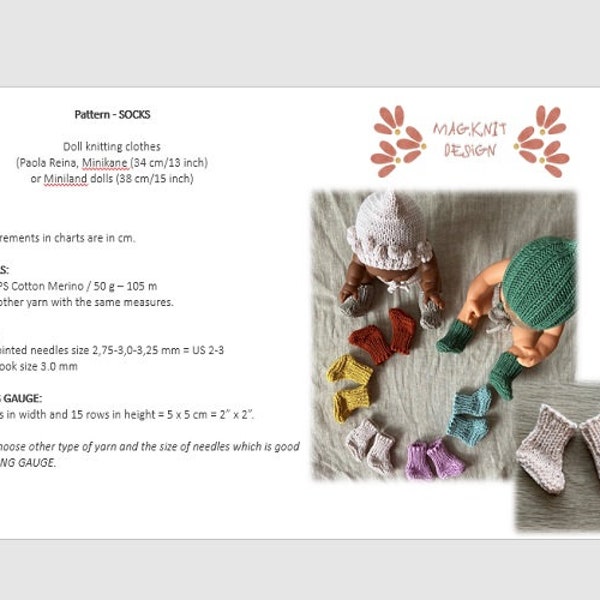 PATTERN to knit SOCKS (Mini Colettos, Paola Reina Gordi, Minikane, Miniland doll (34 cm, 13 inch / 38 cm 15 inch))