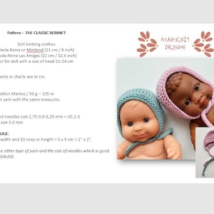 PATTERN, Paola Reina, Miniland (21 cm/8 inch) or Paola Las Amigas (32 cm / 12,6 inch) dolls to knit BONNET