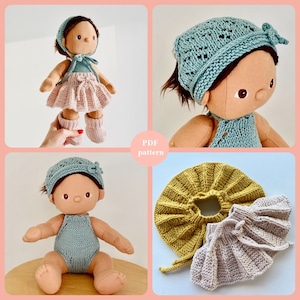 DINKUM doll, Set of 3 knitting PATTERNS: skirt, headscarf, romper