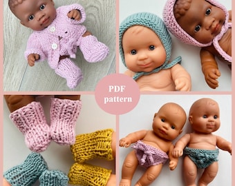 LOT de 4 MOTIEVEN (Paola Reina, poupée Miniland (21 cm)) voor een tricoter, een muts, een broek en een broek.