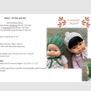 Puede incluir: Un patrón de tejido para un gorro de elfo verde, con instrucciones para muñecas de 34 y 38 cm. El patrón incluye información sobre los materiales, las agujas y el calibre de tejido. La imagen muestra dos muñecas con los gorros, una en verde y otra en blanco.