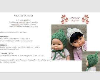 PATROON om ELF-muts (pixie-muts) te breien, Mini Colettos, Paola Reina Gordi, Minikane, Miniland-pop (34 cm, 13 inch / 38 cm 15 inch)