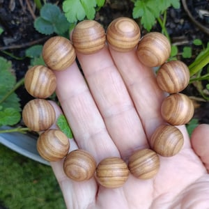 Könnte beinhalten: Ein kreisförmiges Armband bestehend aus dreizehn glatten, kugelförmigen Holzperlen. Jede Perle weist eine ausgeprägte natürliche Maserung mit abwechselnden hell- und dunkelbraunen horizontalen Streifen auf, was ein einheitliches, poliertes Erscheinungsbild erzeugt.