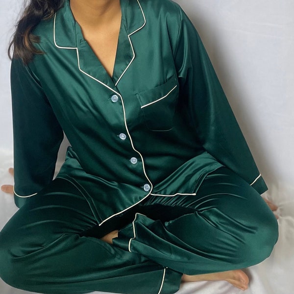 Bridesmaid Pajama Set | 2 Piece Long Sleeve Long Pants Pajama | Silk Satin Set | Bridesmaid Proposal Box Gift
