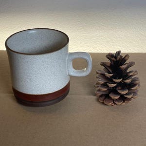 Puede incluir: Una taza de cerámica blanca con una banda marrón y roja alrededor de la parte superior. La taza tiene un acabado moteado y una asa redondeada. La taza está sobre una superficie marrón junto a una piña marrón.