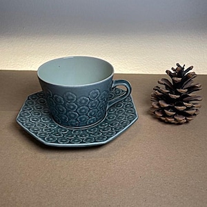 Puede incluir: Un juego de taza y platillo de té azul y blanco con un patrón floral. El platillo es octogonal.