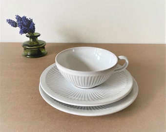 May include: White teacup and saucer set with a ribbed design. The saucer is slightly larger than the teacup and has a scalloped edge.