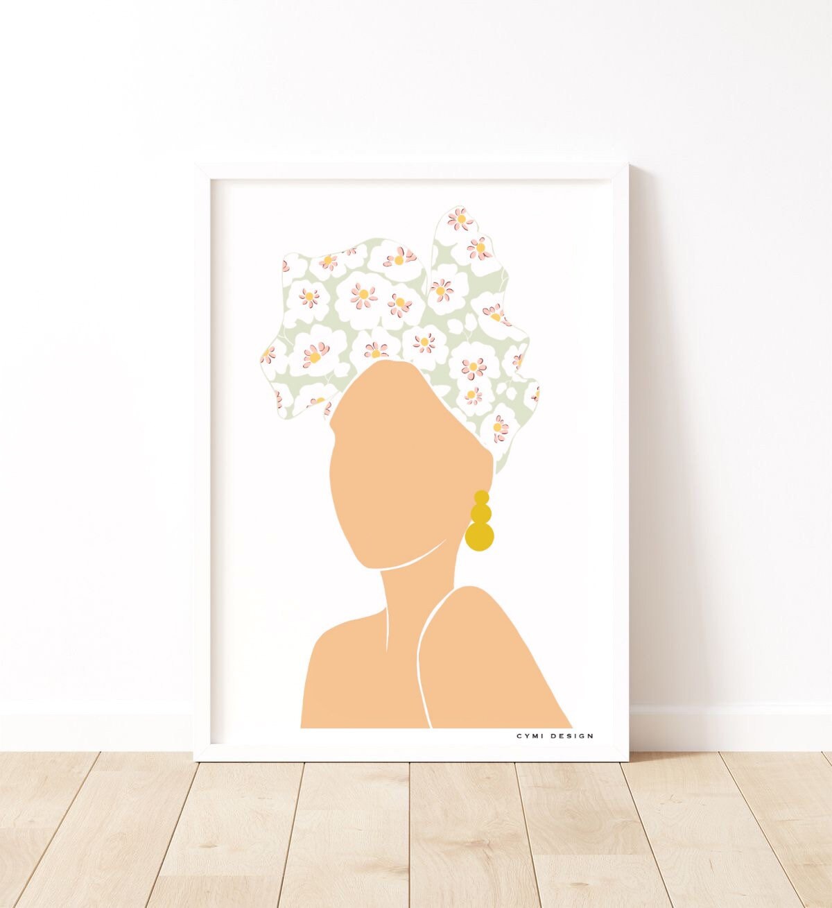 Affiche Femme Turban A4 ou A3 - Fait Main Décoration Murale Intérieure Portrait Abstrait Foulard Ver