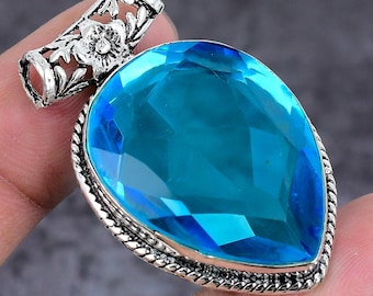 Faceted Swiss Blue Topaz Gemstone Pendant, Handmade 92.5 Sterling Silver Jewelry. Antique Pendant, Swiss Blue Topaz Pendant Christmas Gifts.