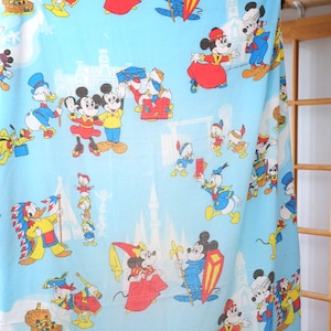 Vintage 70s Walt Disney Productions Magic Kingdom TWIN Fitted Sheet / Mickey Minnie Mouse Retro Kids Fabric