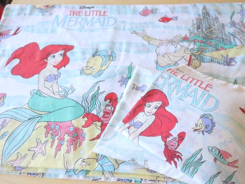 Vintage "The Little Mermaid" Twin Flat Sheet + Fitted Bed Sheet + 1 Pillowcase Set / Bedding kids Disney room 90s image 1