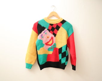 Vintage Handmade Kids Wool 80-90s Clown Colour blocked Knit Sweater / Size 10-12Y+, Women's S