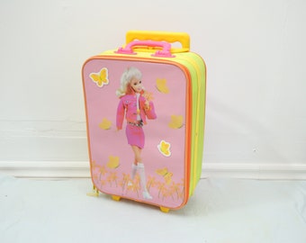 Vintage 90s Barbie Kids Pink Butterfly Rolling Suitcase / Travel Bag / Rolling Luggage