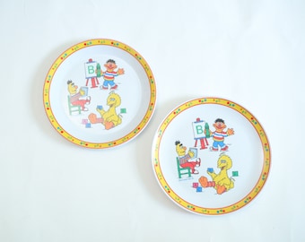 Vintage 90s Sesame Street ABC Yellow Plastic Kids Plates Set of 2