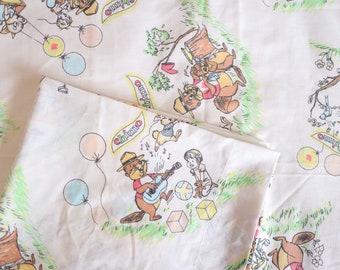 Vintage 70s Chimo Canadian Beaver with little girl printed baby crib fitted sheet & slat sheet SET / retro cloth fabric craft sewing