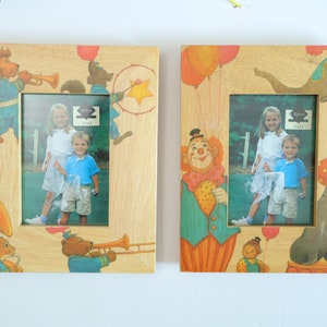 80s Vintage Wood Kids Picture Photo Frames with Circus Animal Band SET of 2 / Fetco Hand Crafted / 3.5 × 5