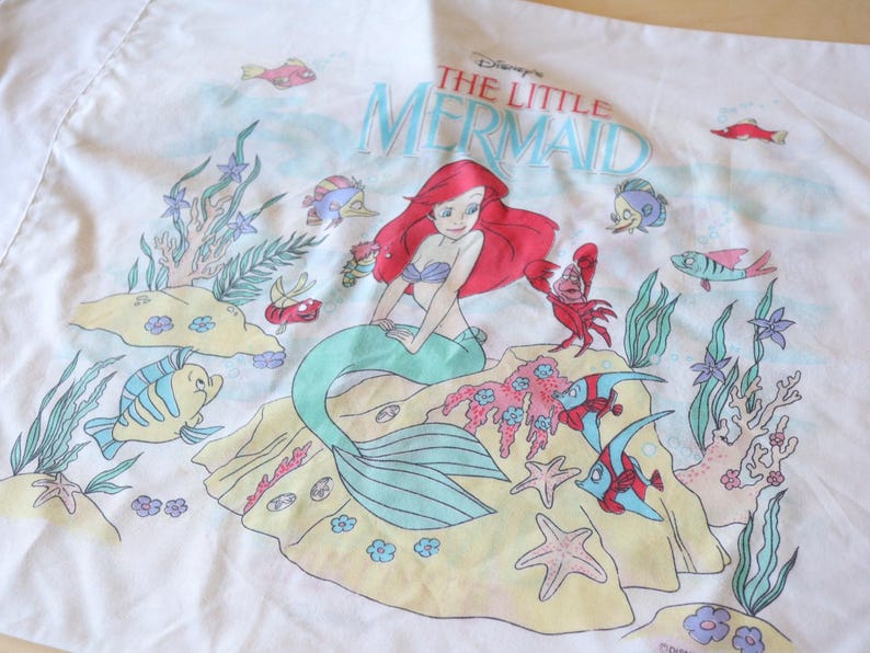 Vintage "The Little Mermaid" Twin Flat Sheet + Fitted Bed Sheet + 1 Pillowcase Set / Bedding kids Disney room 90s image 9