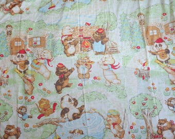 Vintage 80s Animal Print Twin Flat Sheet: Teddy Bear, Panda