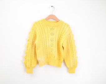 Vintage kids yellow cable knit top / Size 9-10Y / retro kids
