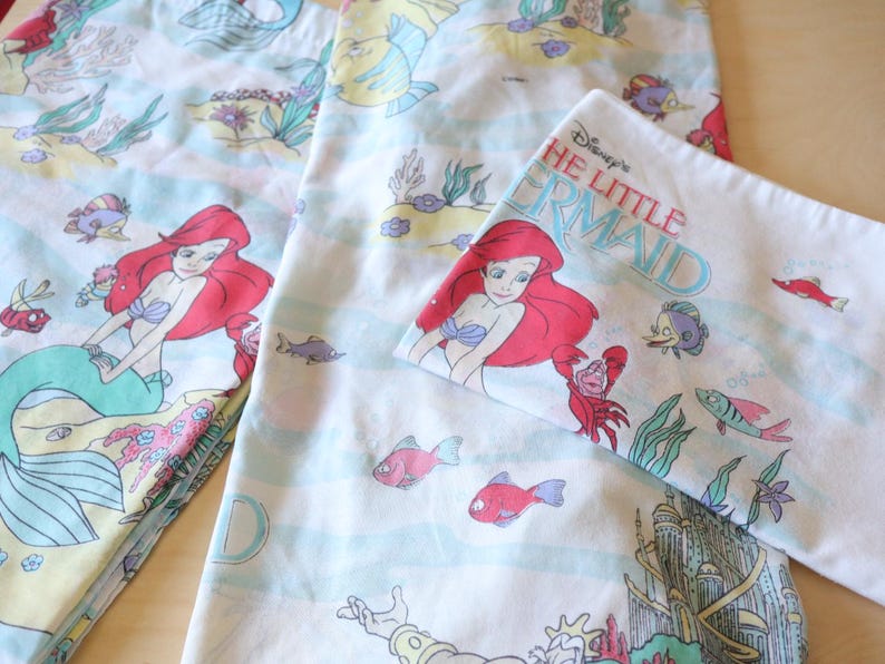 Vintage "The Little Mermaid" Twin Flat Sheet + Fitted Bed Sheet + 1 Pillowcase Set / Bedding kids Disney room 90s image 13