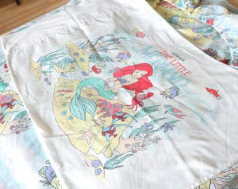 Vintage "The Little Mermaid" Twin Flat Sheet + Fitted Bed Sheet + 1 Pillowcase Set / Bedding kids Disney room 90s / As-is