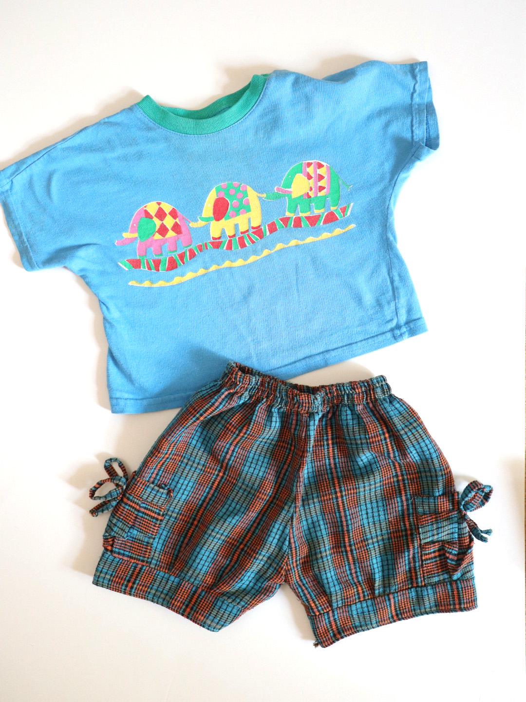 Vintage Rainbow Elephants Tee + Blue Plaid Shorts SET / 12-18M