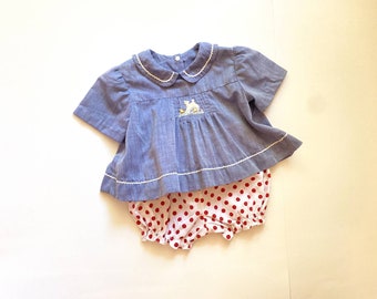 Chambray vintage baby embroidery shirts + shorts SET / Size 6-12M