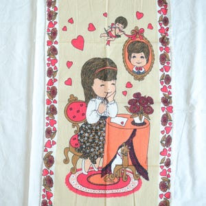 Paño de cocina con estampado de gato y niña con carta de amor vintage / Tela reciclada para coser y decorar la pared / 14,5" × 28"