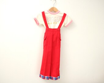 Vintage baby red suspender pants plaid lining with pockets / Size 12-18M