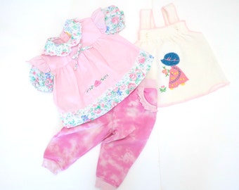 Pink Baby SET of 3 / Size 3-6M / Vintage Floral Top + Vintage Knit Girl Top + Pre-loved Tie Dye Jogger